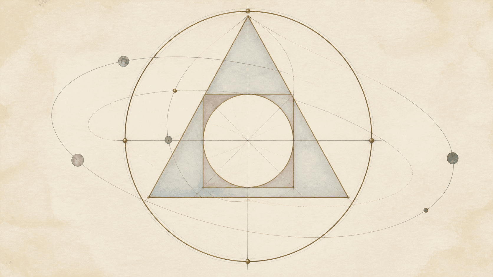 A circle, square, and triangle construction surrounded by measured orbital paths.